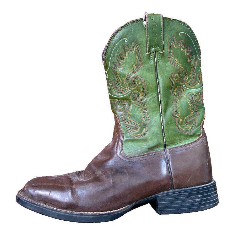 Justin Work Cowboy Western Farm & Ranch Boots Green & Brown Mens Sz 10 D